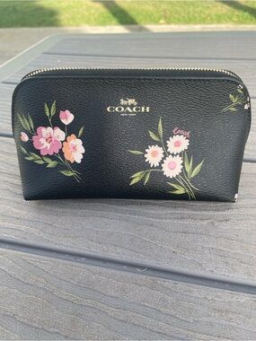 Coach Black Floral Zip Cosmetic Case with Gold Logo